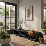 Organic Wooden Bench With Curved Base Form For Entryway Space