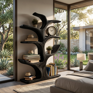 Contemporary Wood Bookshelf Sculptural Curved Design For Living Room