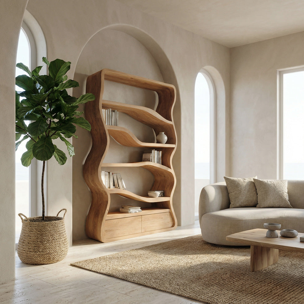 Modern Curved Wooden Bookshelf For Living Room