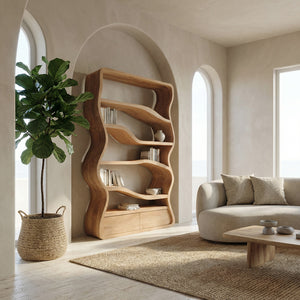 Modern Curved Wooden Bookshelf For Living Room