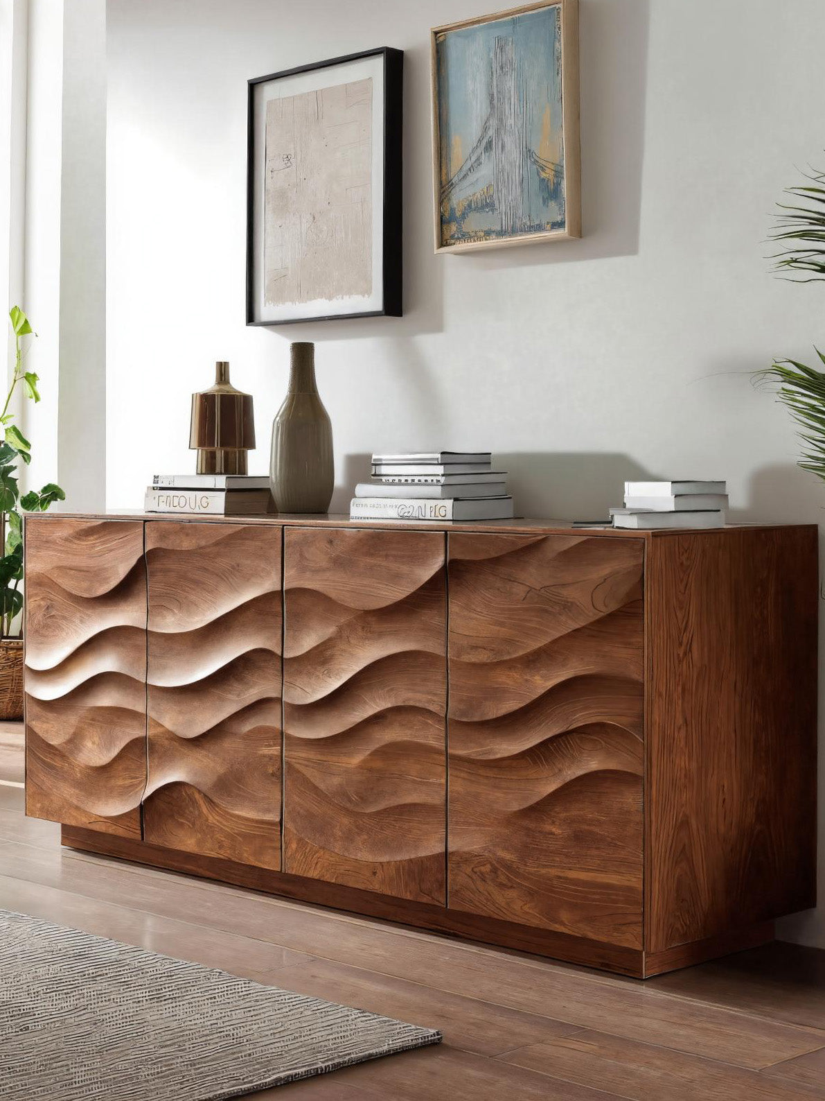 Sculptural Sideboard With Wave Carved Front For Living Room