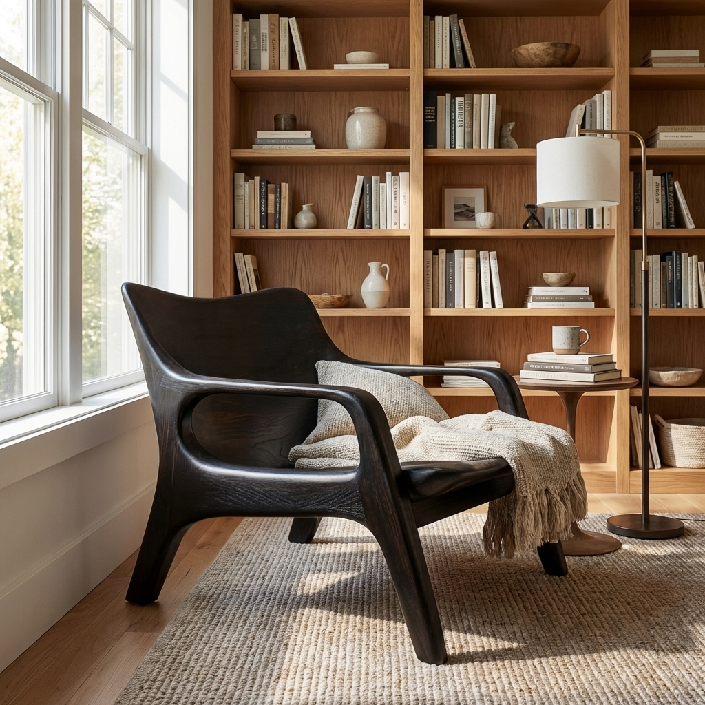 Modern Natural Wood Chair Curved Arm Design For Home