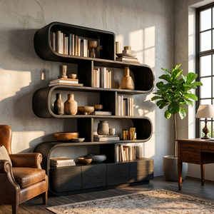Organic Wooden Bookshelf With Flowing Form For Home Interior
