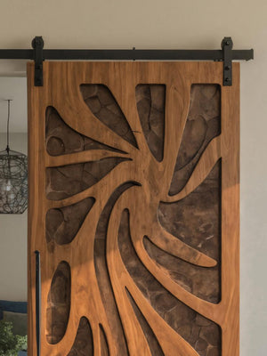 Artistic Sliding Door With Layered Carved Design For Interior