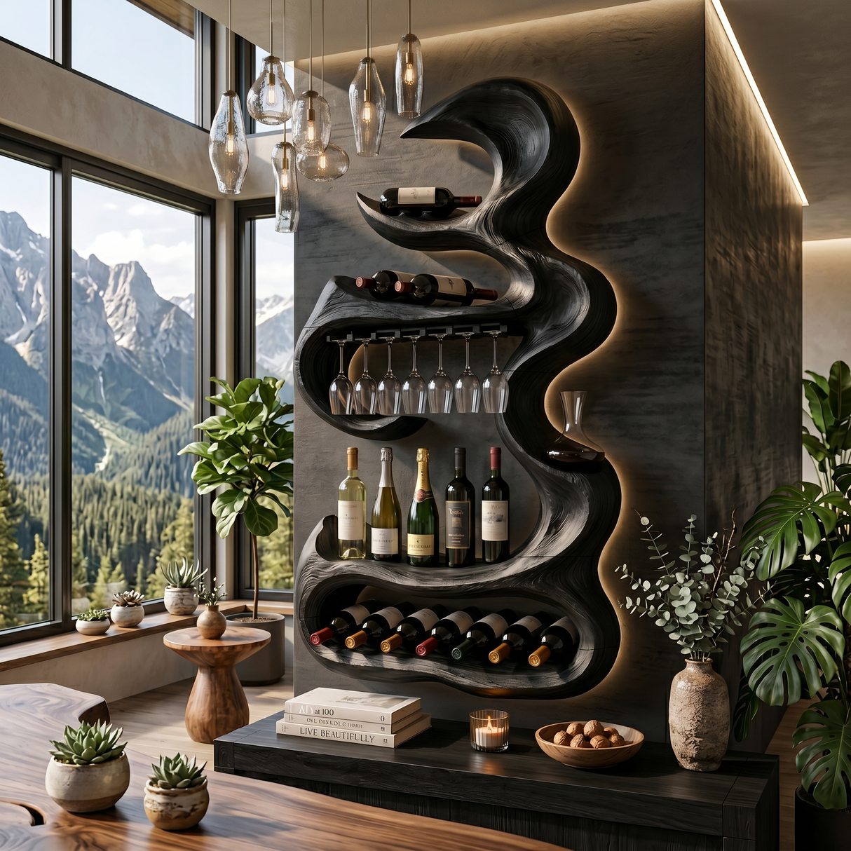 Rustic Landscape Bottle Display For Entertaining Space