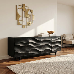 Rustic Wooden Sideboard With Undulating Doors For Living Room