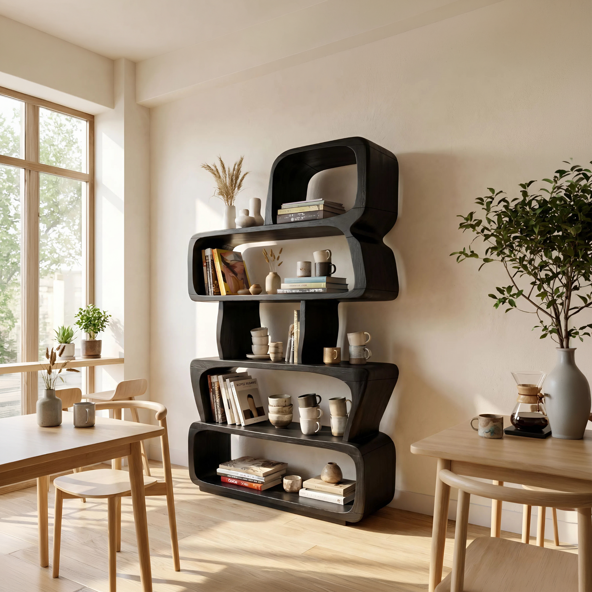Mid Century Sculptural Bookshelf Storage Organizer For Home Office