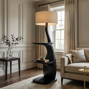 Modern Natural Wood Floor Lamp With Shelves For Living Room