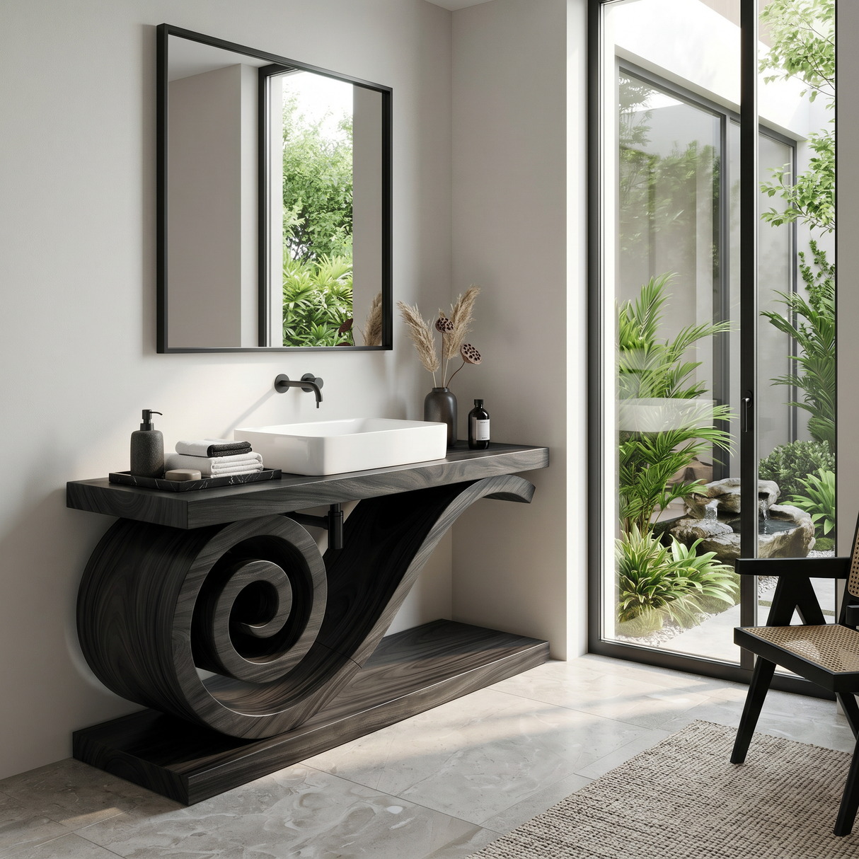 Sculptural Monkeypod Wood Vanity With Vessel Sink Luxury Bathroom
