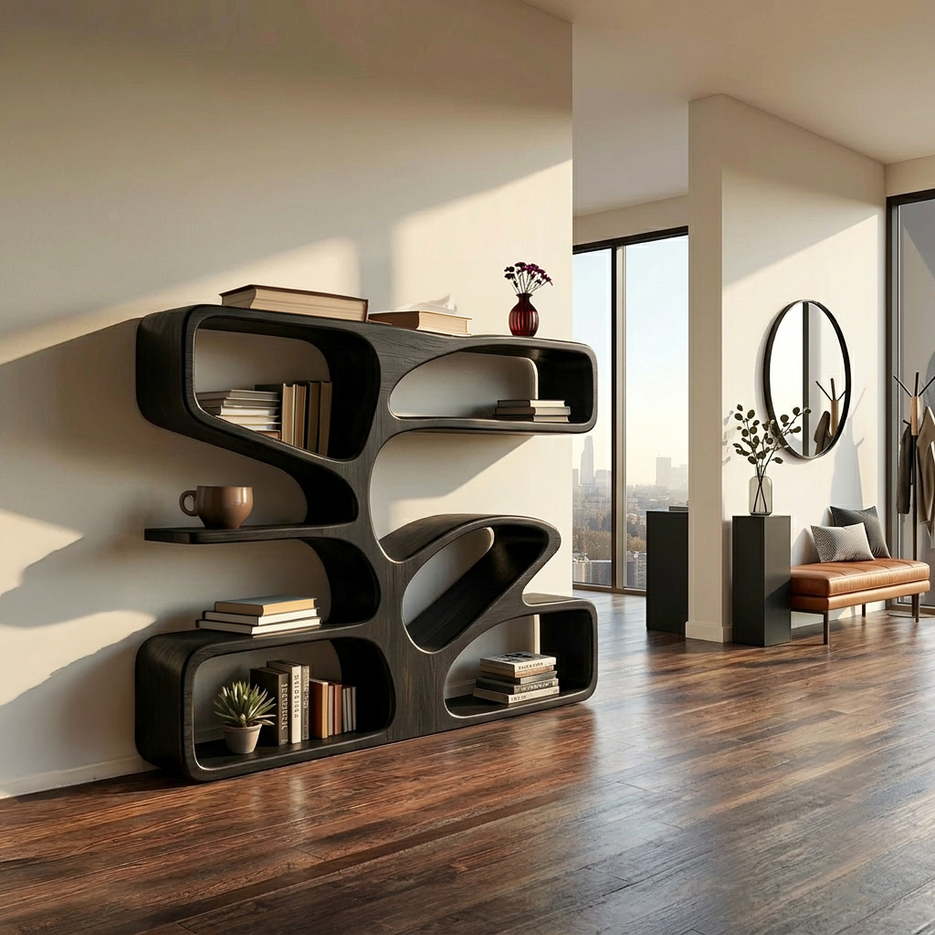 Organic Wooden Bookshelf With Sculpture Form For Home