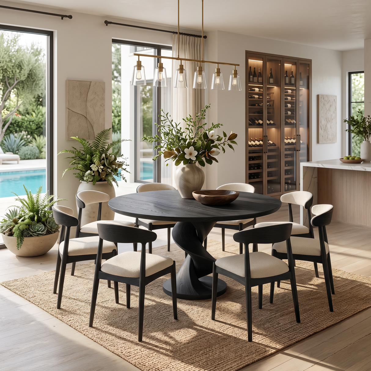 Modern Round Dining Table With Sculptural Spiral Pedestal For Kitchen