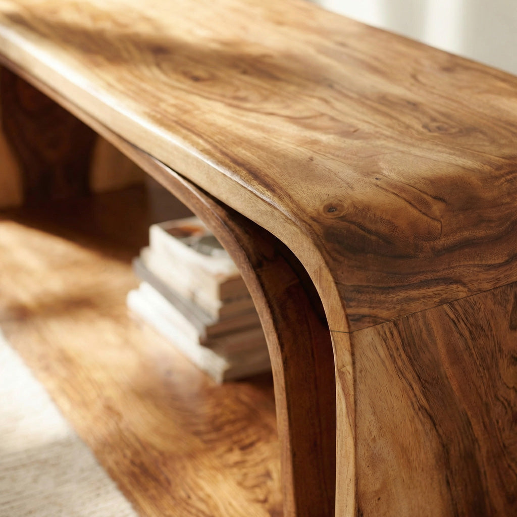 Organic Wood Bench With Unique Curved For Hallway