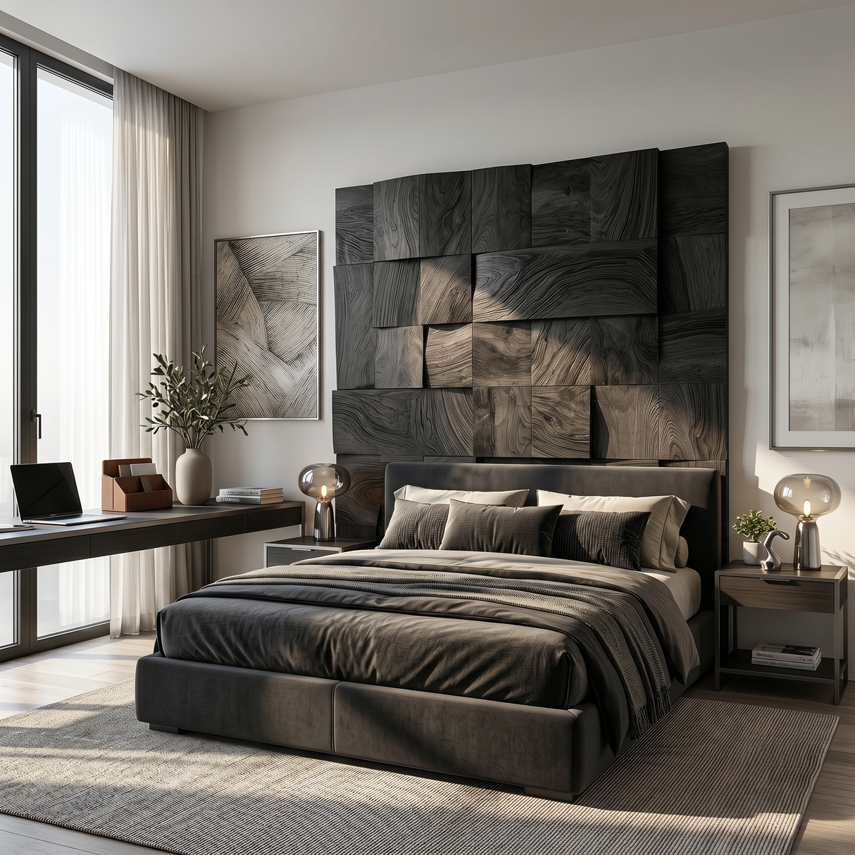 Modern Mosaic Wood Headboard For Luxury Tropical Bedroom Interior