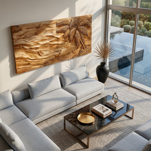 Tropical Modern Palm Wood Wall Art Neutral Living Room Decor