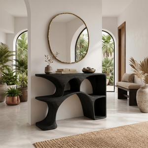 Modern Wooden Console Table With Sculptural Open Shelves For Living