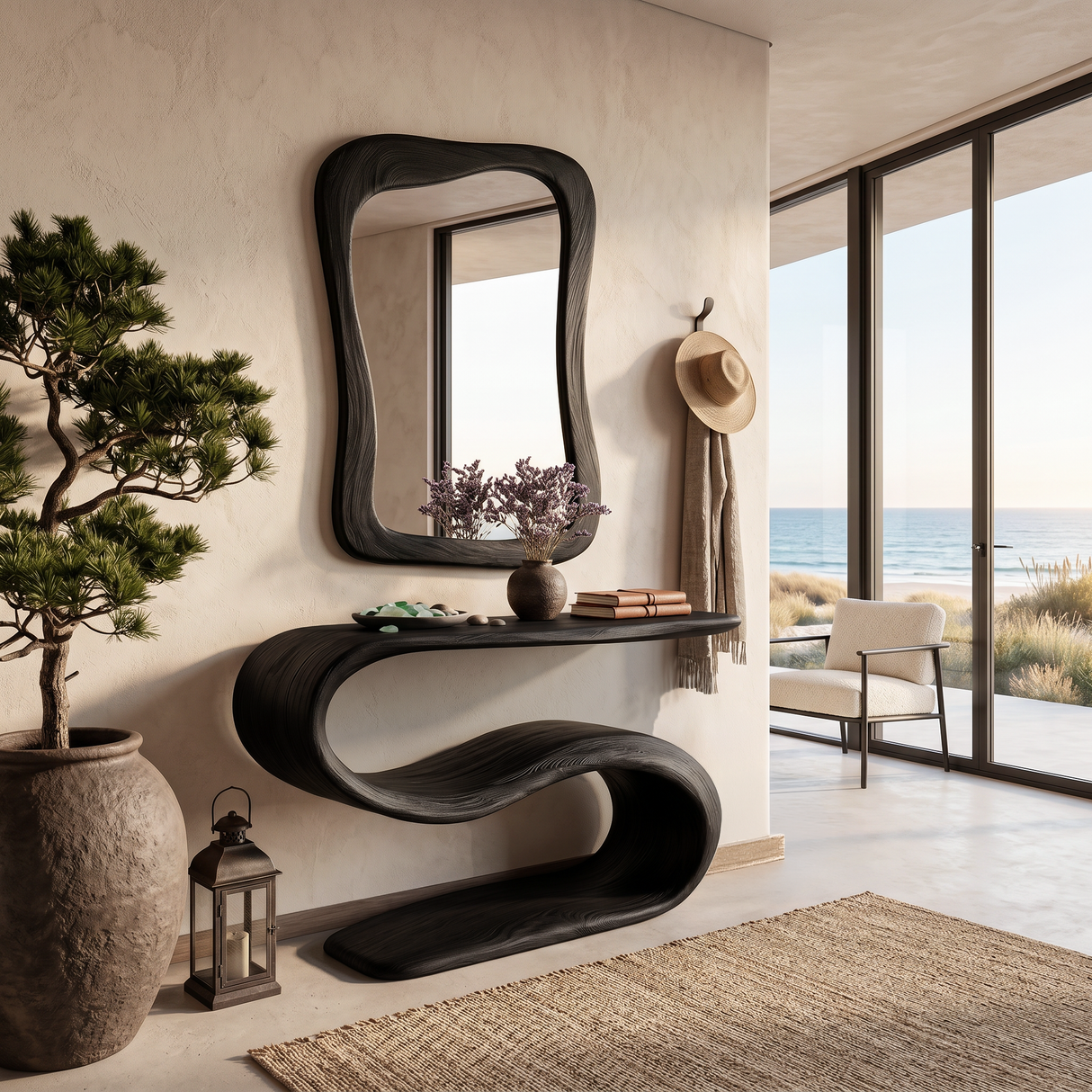 Organic Wooden Console Table With Sculptural Undulating Base For Living