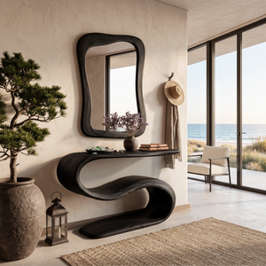 Organic Wooden Console Table With Sculptural Undulating Base For Living