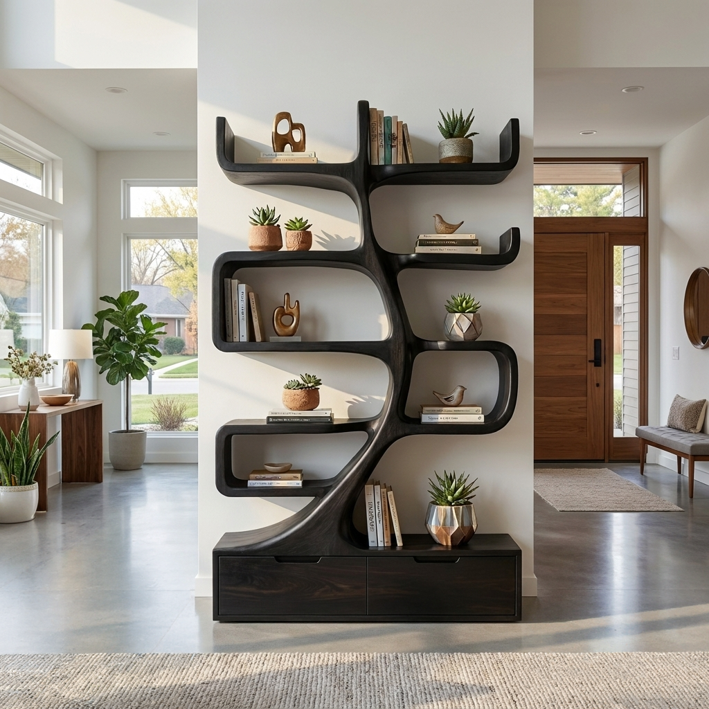 Wooden Bookcase With Tiers And Built-in Drawers For Home
