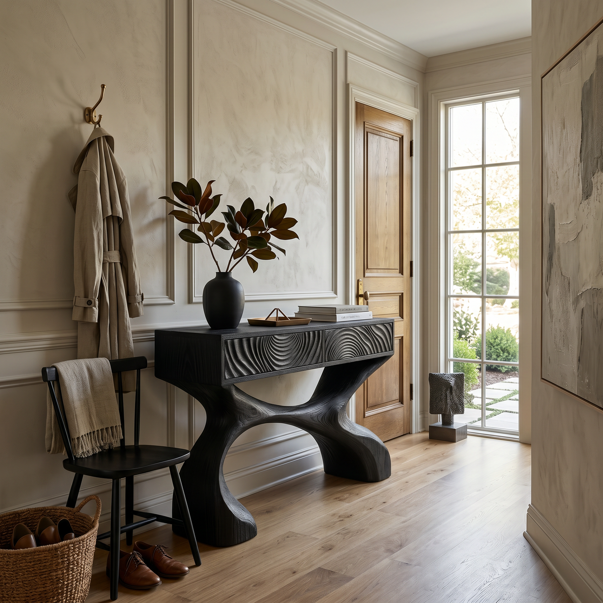 Contemporary Sculptural Wood Console Table For Hallway