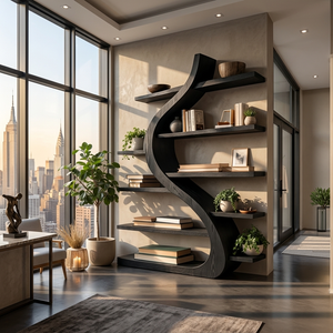 Organic Wooden Bookshelf Soft Curved Design For Home Decor
