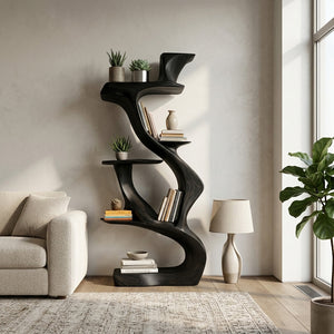 Sculptural Natural Wood Bookshelf For Living Room