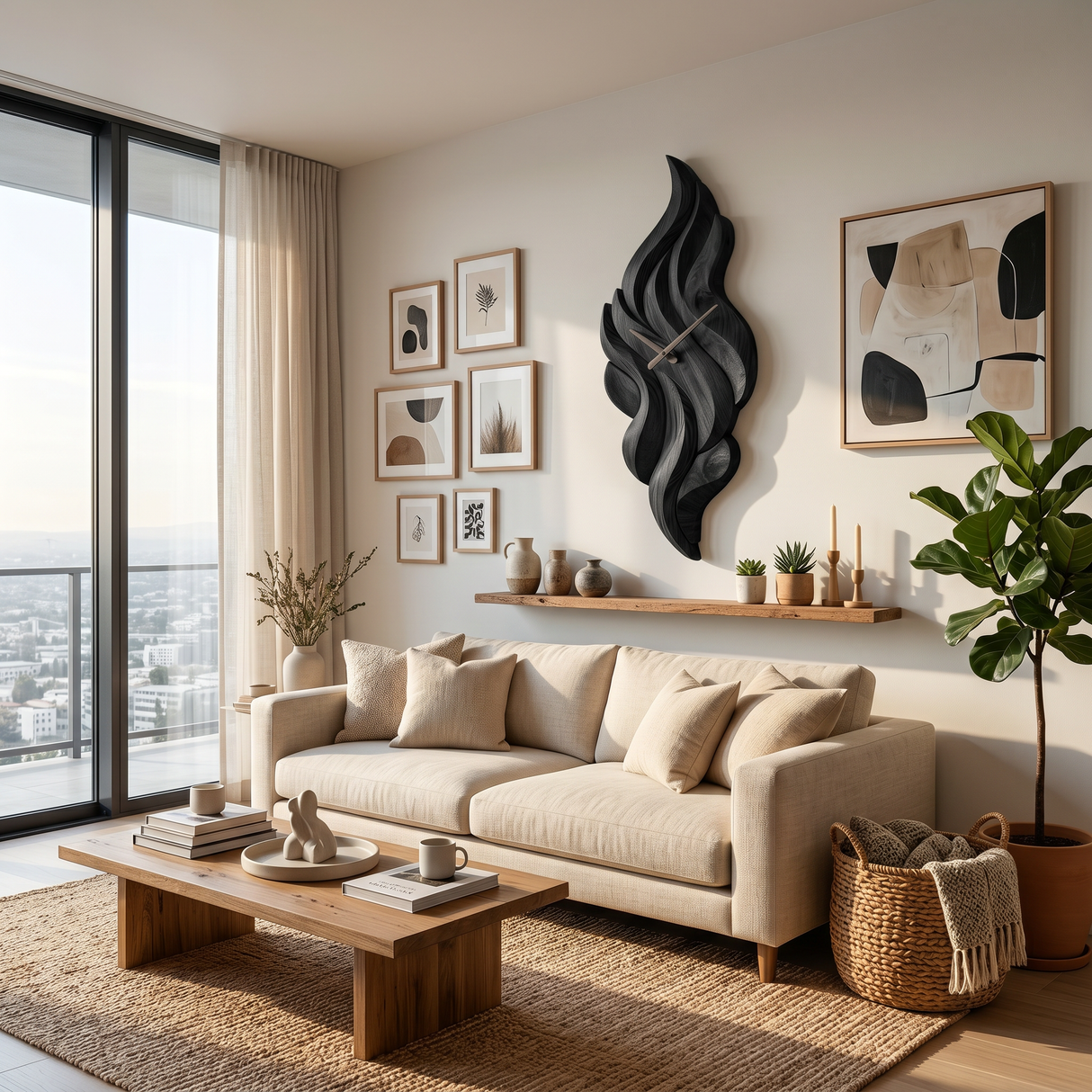 Modern Wooden Wall Clock With Sculptural Wave Carving For Interior