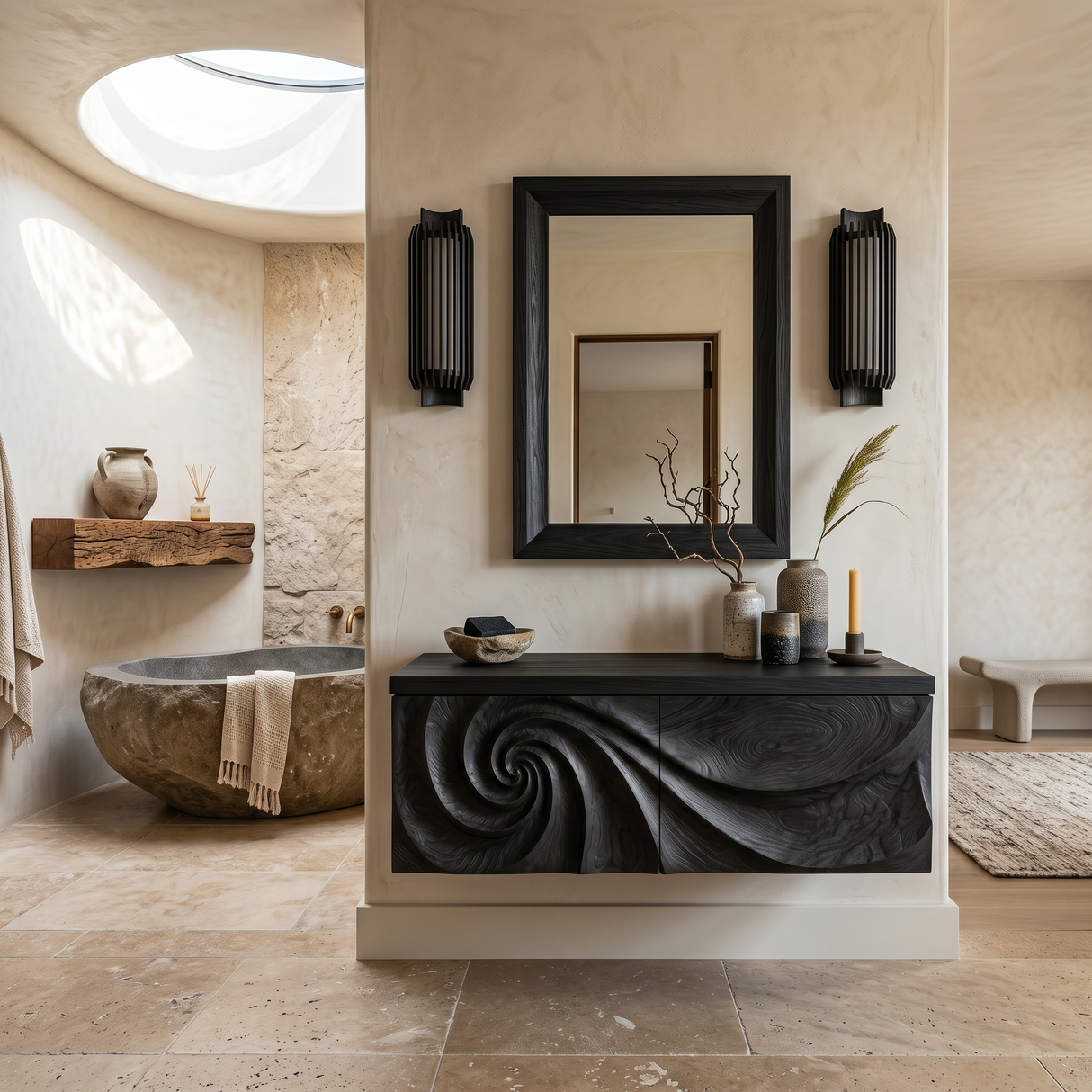 Modern Bathroom Vanity With Spiral Carved Front For Master Bathroom