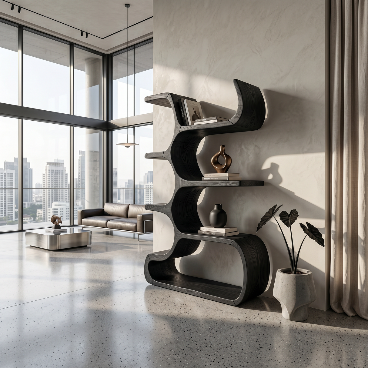 Contemporary Wooden Bookcase In Sculpted Curves