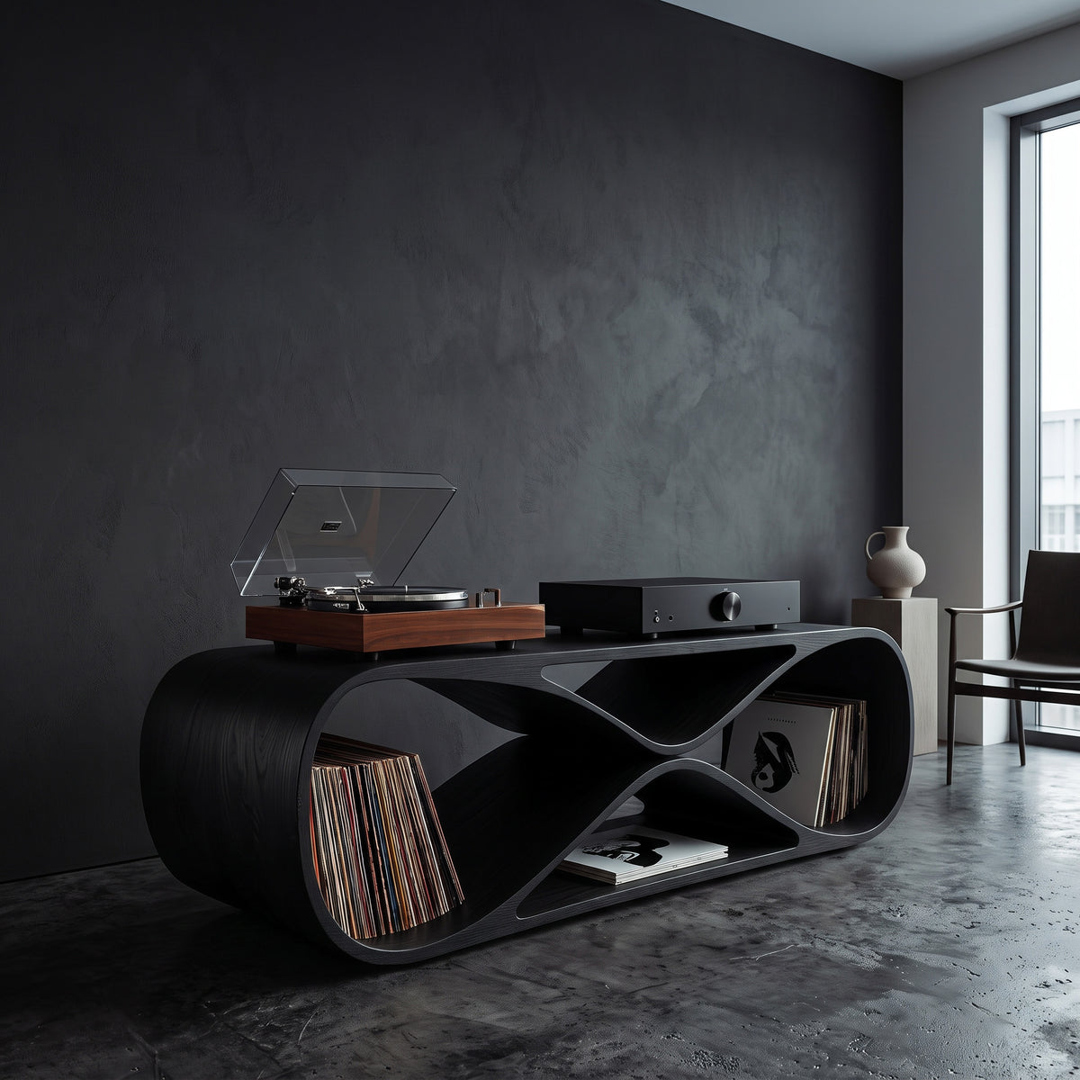 Contemporary Sculptural Wooden Record Player Console For Living Room