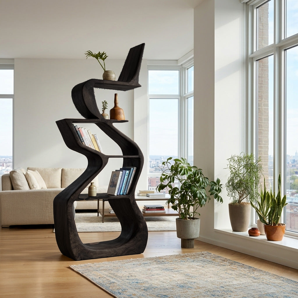 Sculptural Wooden Bookshelf For Living Room Corner