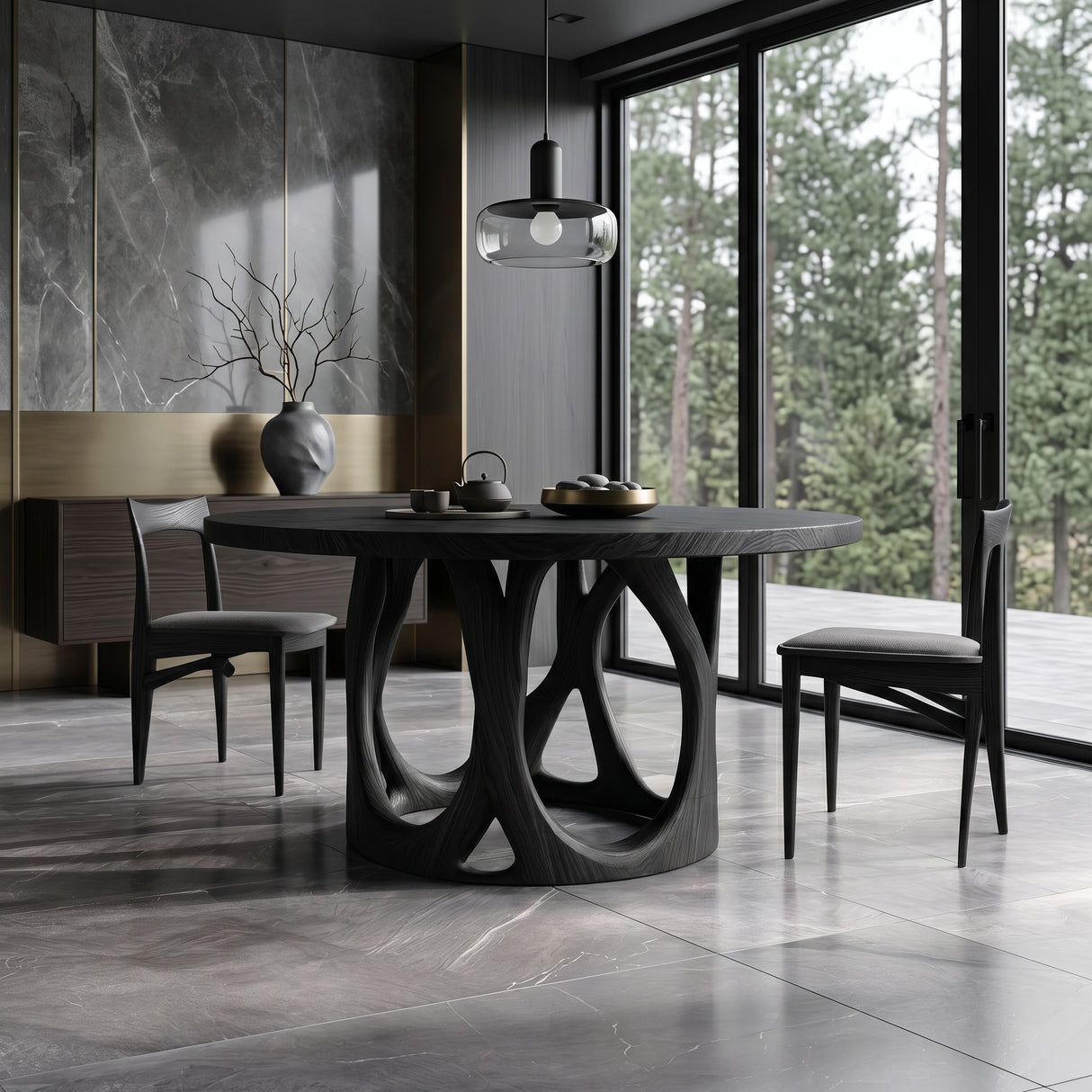 Modern Round Dining Table With Carved Sculptural Leg For Kitchen