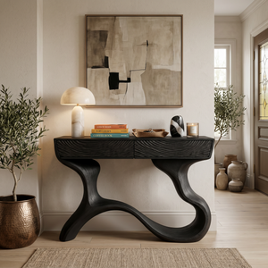 Handcrafted Wood Console Table With Organic Curved Base For Entryway
