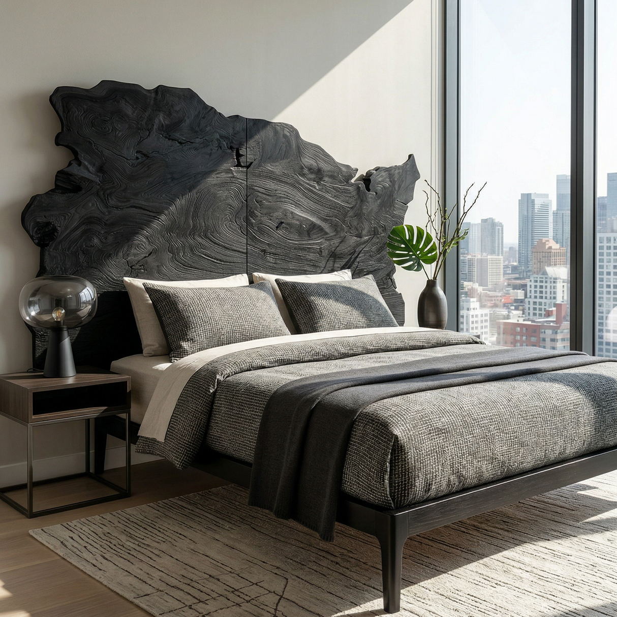 Organic Natural Wood Headboard For Minimalist Japandi Bedroom Design