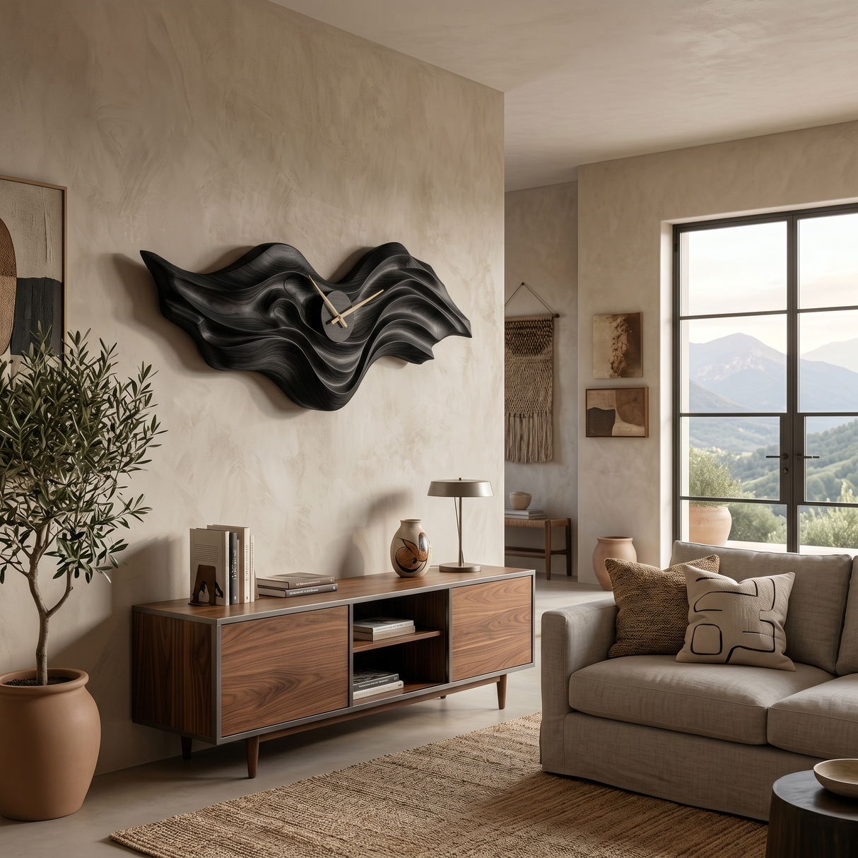 Organic Wood Wall Clock With Wave Sculpture For Living Interior