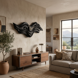 Organic Wood Wall Clock With Wave Sculpture For Living Interior