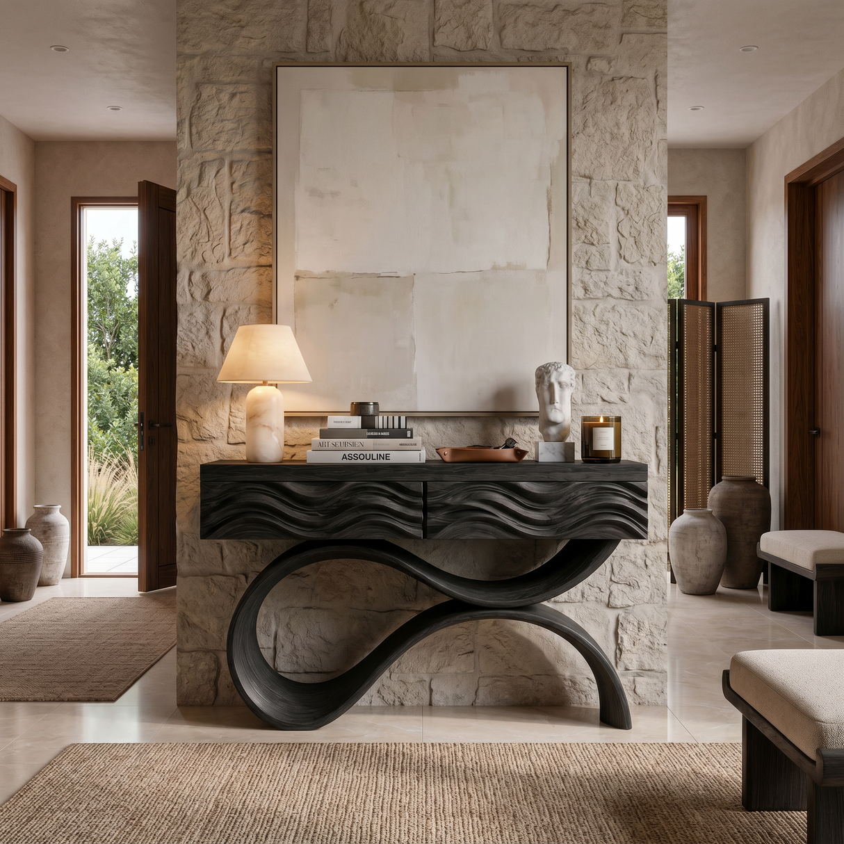 Modern Wood Console Table With Elegant Curved Base For Entryway