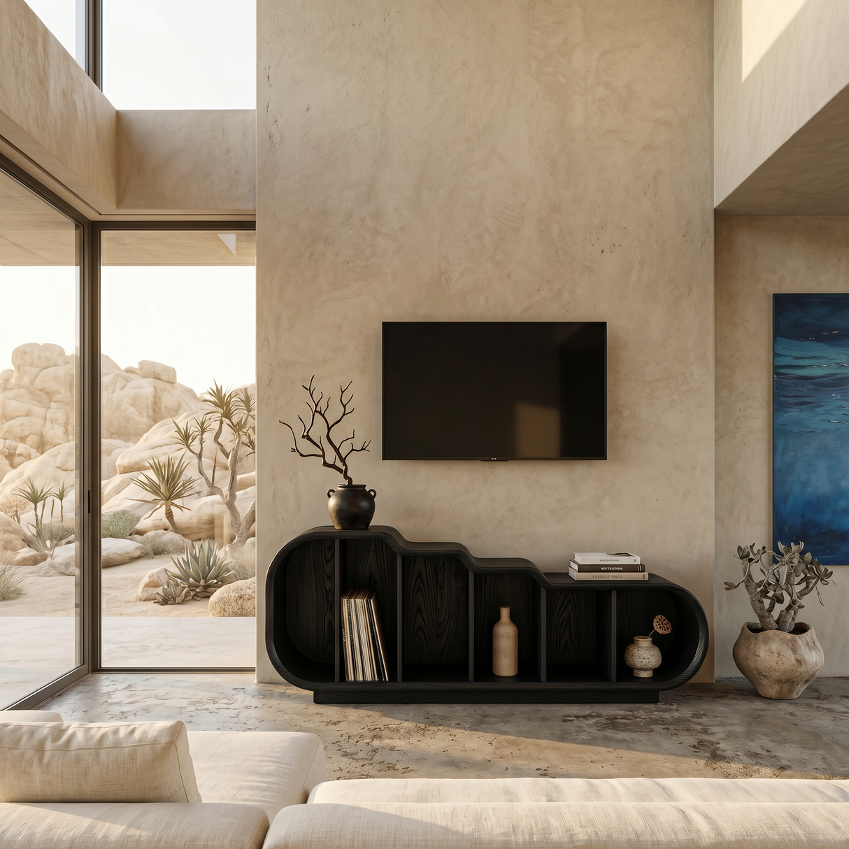 Scandinavian Linear TV Console For Media Lounge Interior