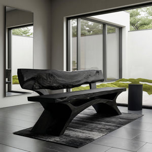 Contemporary Wooden Bench With Live Edge Backrest For Living Room