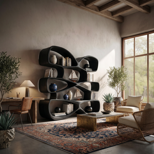 Contemporary Biomorphic Wooden Bookshelf In Fluid Design