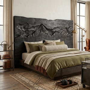 Rustic Mountain Relief Wood Headboard For Luxury Bedroom Interior