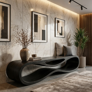 Sculptural Wooden Bench With Unique Wave Base For Entryway