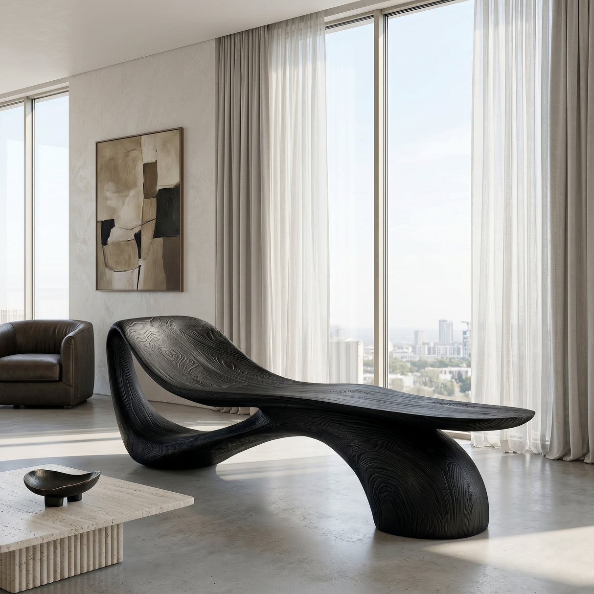 Modern Wooden Bench With Curved Sculptural For Living Decor