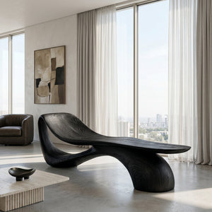 Modern Wooden Bench With Curved Sculptural For Living Decor