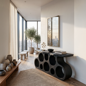 Wooden Console Table With Round Cutout Base For Living Decor
