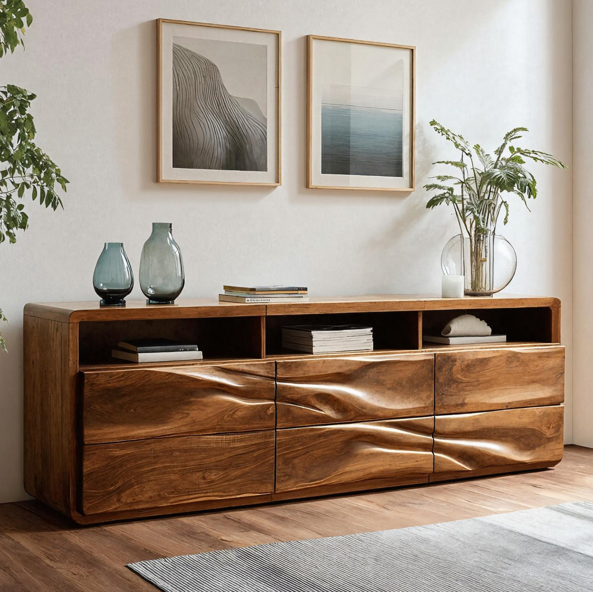 Organic Wave Carved Wood Sideboard For Living Room