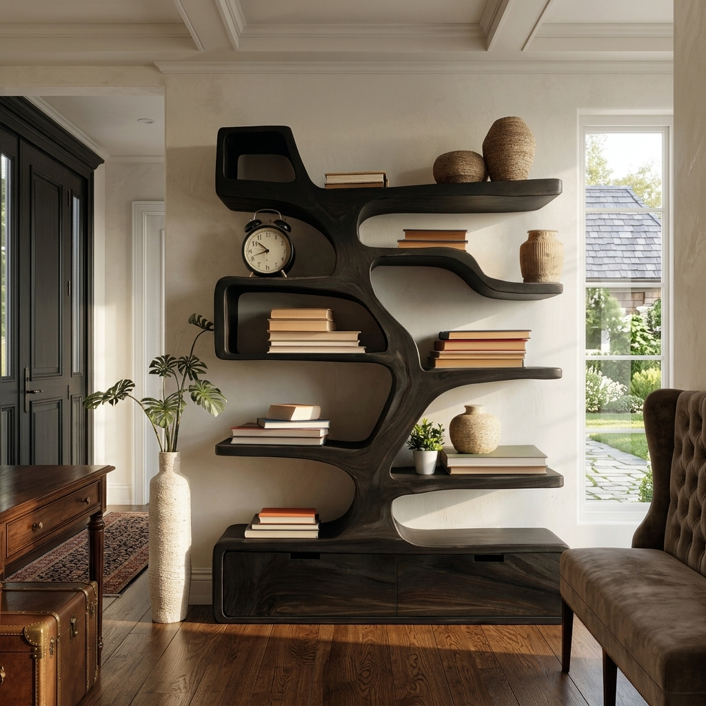 Contemporary Wooden Bookshelf Sculpted Design For Living Space