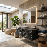 Modern Bathroom Vanity With Ocean Wave Carved Wood Cabinet For Home