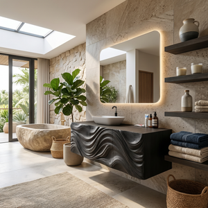 Modern Bathroom Vanity With Ocean Wave Carved Wood Cabinet For Home