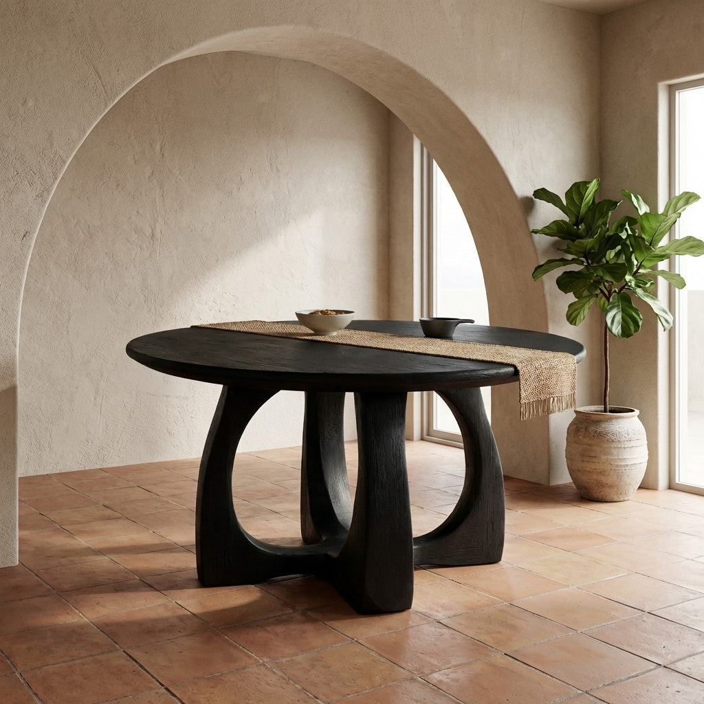 Wooden Round Dining Table With Artistic Base For Dining Room