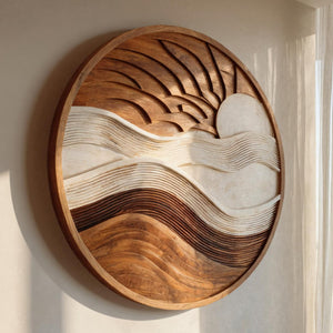 Minimalist Sun And Wave Wooden Wall Sculpture For Living room
